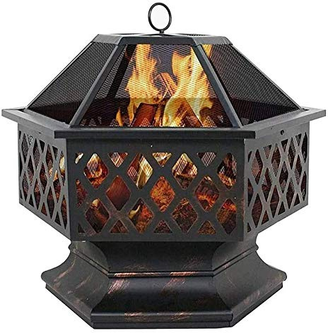 Tragbare sechseckige Feuerstelle aus Metall mit Netzabdeckung, ideal zum Grillen, Kochen und Heizen, perfekt für Terrassen, Hinterhöfe und Camping