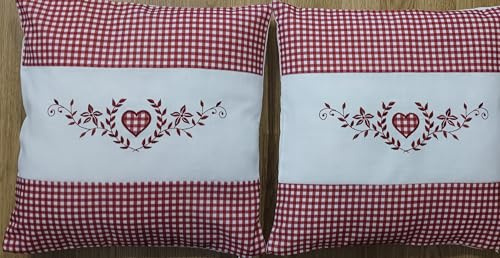 Kissenbezug 40x40 cm (2er Set Kissenbezüge) Karo rot mit bestickten Alpenblumen mit Reißverschluss (40x40 rot)