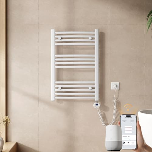 EMKE WiFi Handtuchheizkörper Elektrisch 750x500 mm - Gebogen Badheizkörper Elektrisch, Elektrischer Handtuchwärmer Handtuchtrockner Handtuch Heizkörper Bad mit Thermostat und Heizstab - 300W, Weiß