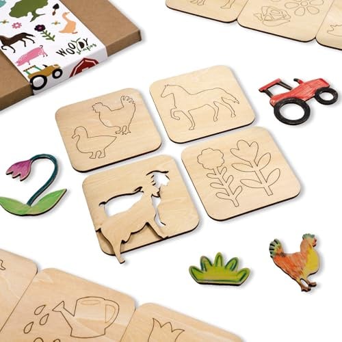 NAKLEO Holzschablonen zum Zeichnen für Kinder, Set mit 20 Stück 9,5x9,5cm Bauernhof Tiere, Montessori Lernspielzeug Vorlagen Kreative Bastelvorlagen Pädagogisches DIY Handwerk Malset, Papier Wand