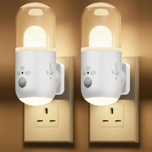 SuglanBee Night Light Plug in Wall with Motion Sensor & Dusk to Dawn Sensor | 3 Color Temperatures,5-Level Dimming (20-240 LM) RGB LED Night Light for Bedroom, Hallway, Stairs (White 2pcs)