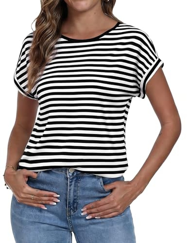 Terecey Womens Striped T Shirt Short Sleeve Crew Neck Relaxed Summer Top
