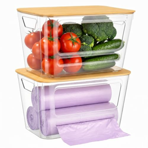 Trash Bag Dispenser, Bin Bag Storage with Bamboo Lid, Extra Large Garbage Bag Organizer, Acrylic Bin Bag Dispenser Box, Stackable Pantry Organizers and Storage for Kitchen, Cabinet, Laundry Room