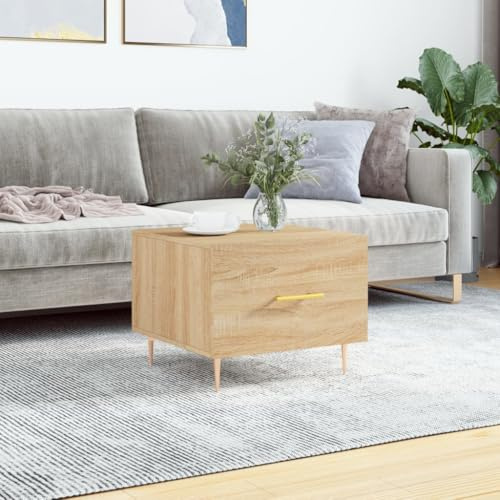 Kaloriko Table Basse chêne Sonoma 50x50x40 cm Bois d'ingénierie avec tiroir, Rangement intégré, Pieds en Fer, Meuble Console pour Salon et Chambre, Design Industriel et Fonctionnel