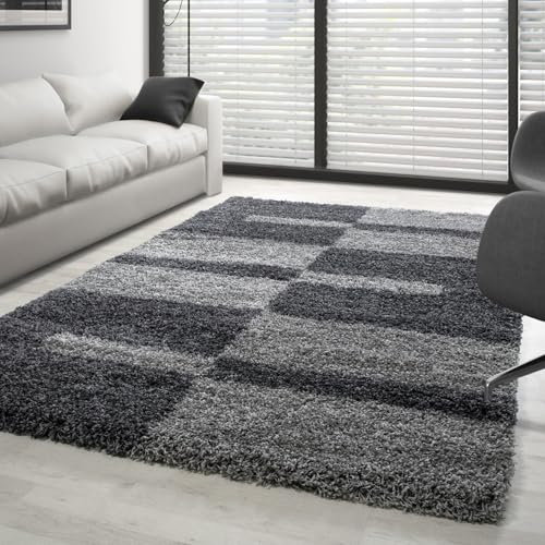 Carpettex Hochflor Teppich - Wohnzimmer Shaggy Flokati Modern Kariert Design 120 x 170 cm Grau - Schlafzimmer Weich Flauschig Waschbar - Küche Esszimmer Langflor