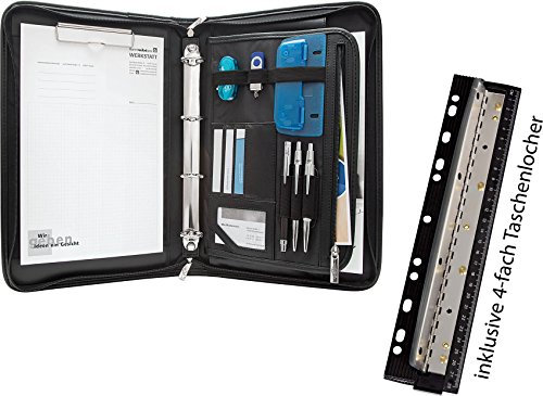 Wedo 585001 Konferenzmappe Elegance (mit 4-Ring-Mechanik für A4-Formate) + Vierfachlocher (aus Metall zum Abheften inkl. 28 cm Skala und Auffangbehälter)