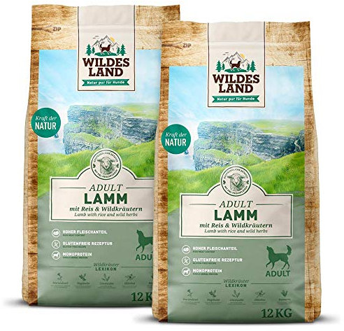 Wildes Land - Nr. 1 Lamm - 24 kg - mit Reis und Wildkräutern - Glutenfrei - Trockenfutter für Hunde - Hundefutter mit hohem Fleischanteil - Für alle Hunderassen - Hohe Verträglichkeit