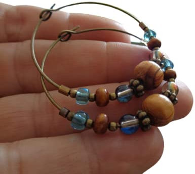 ★ REGENBOGEN WURZELHOLZ BRONZE CREOLEN MIT GLAS & HOLZ ★ OHRRINGE IN TÜRKIS HELLBLAU GOLD