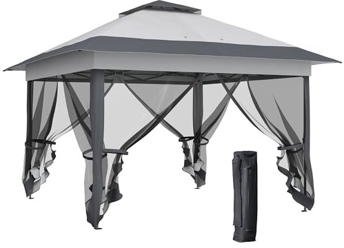 Outsunny Tonnelle de Jardin extérieur tonnelle Pliante 3,6x3,6m avec Double Toit Acier Polyester moustiquaires + Sac de Transport à roulettes Gris