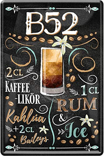 WOGEKA ART Retro Blechschild - B52 Cocktail Rezept Kaffee-Likör Rum Baileys - witziger Spruch Geschenk-Idee Geburtstag Weihnachten Dekoration 20x30 cm Vintage-Design Metall 168
