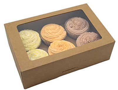 10 Pack Cupcake Boxes with Auto Pop Up, Window, 6 Hole Inserts | Kraft | Holds 6 Cupcakes | Bakery Box Perfect for Desserts, Cakes, Cookies, Pastries, Brownies, Muffins | Wedding, Party, Gift, Brown