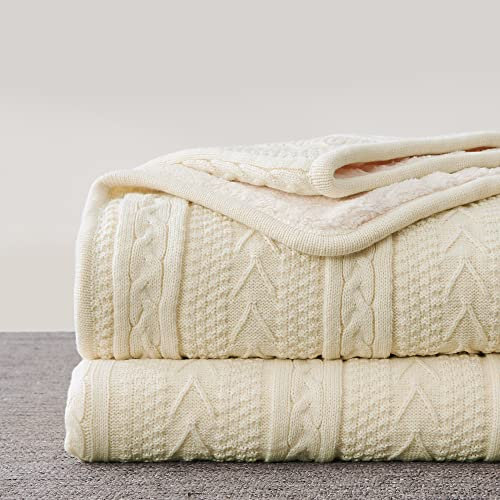 Longhui bedding Cremefarbene Überwurfdecke aus Acryl, Zopfmuster, Sherpa-Überwurfdecke, dick, weich, groß, gemütlich, beige, gestrickte Fleece-Decken für Couch, Sofa, Bett, große Decke, für alle