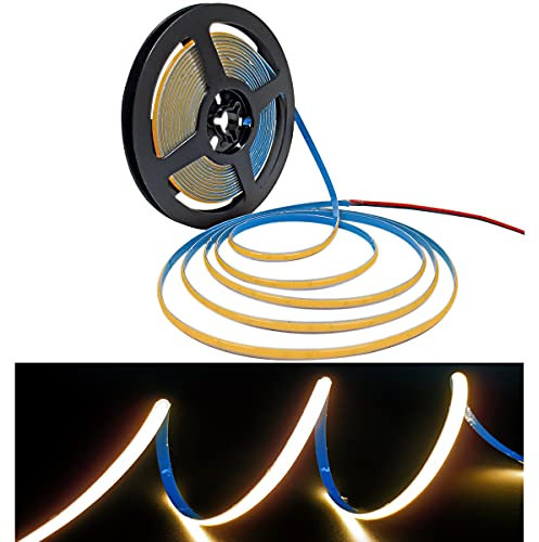 Tesfish LED Streifen Lichts 24V, 5mm Breit Ultra Dünn Band COB Warmweiß 3000K 5M 480 LEDs/M Insgesamt 2400 LEDs Neon Licht Flexibel Lichtleisten Leiste für Party, Theke, Regal, Wohnkultur