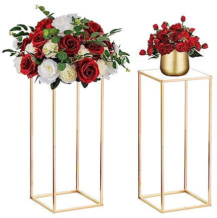 Nuptio 2 Stück Hochzeit Mittelstücke Goldvasen 60cm Hoch Blumenständer Metall Bodenvase Säule Geometrische Mittelstücke Steht Rechteckiges Display Rack für Hochzeiten Partydekoration