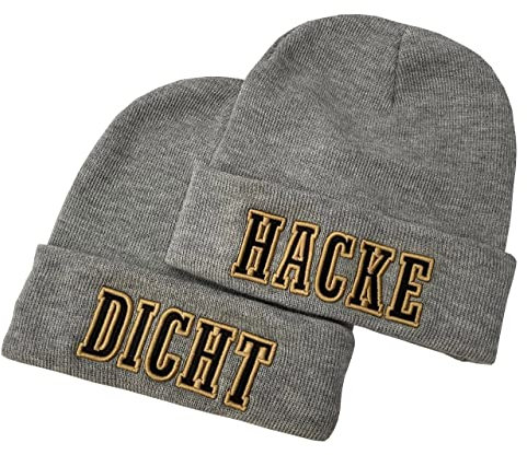 Outfitfabrik Beanie Set Hacke Dicht in grau mit goldfarbenem/schwarzem 3D-Stick (2 Beanies, warme Wintermütze, Geschenk, Statement, Sprüche), für Männer und Frauen, dehnbar