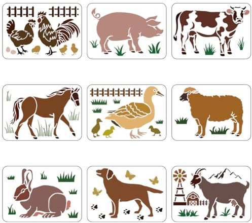 FINGERINSPIRE 9 Stück Farm Animal Schablonen 29,7 x 21 cm Farmhouse Schablonen Geflügel Tierzeichnung Schablone Tiere Vorlage zum Malen auf Wänden Leinwand Holz Fliesen Papier Boden