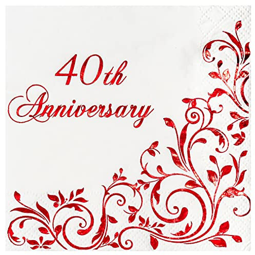 Crisky Red 40th Anniversary Cocktail Napkins for Ruby Wedding Party Decoration, 3-Ply Disposable Beverage Dessert Napkins, 50 Counts