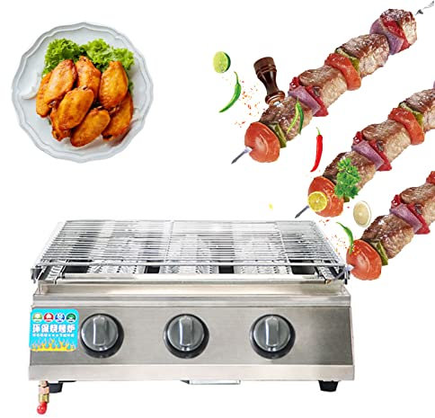 Barbacoa de Gas de Sobremesa de Acero Inoxidable,Barbacoa de Camping de Gas de Mesa,3 Quemadores,Estación de Asado Profesional para Barbacoa,Ahumado y Asado,Bandeja Recogegrasa,Plata,45.5x40x20cm