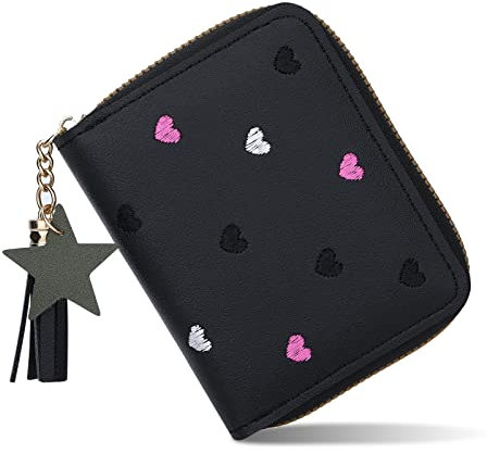 Greoer Kleine Geldbörsen für Frauen, PU-Leder Damen Geldbörse Geldbörsen mit Stern Anhängern, multifunktionale Reißverschlusstasche Geldbörsen mit Stickerei Herzmuster, S, Akkordeon-Stil