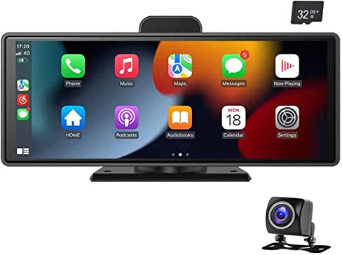 10 Wireless Carplayer & Android Auto Portable Car Parking Monitor Full HD Touch Screen Car Radio DVR with Bluetooth,32G TF Card/FM Transmitter/Rear View Camera,Dashboard Mounted for All Car