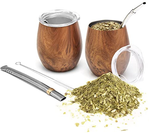 BALIBETOV Modern Mate Cup and Bombilla Set (Yerba Mate Cup) -Yerba Mate Set Includes Double Walled 18/8 Stainless Steel Mate Tea Cup, Two Bombilla Mate (Straw) and a Cleaning Brush (Wood)