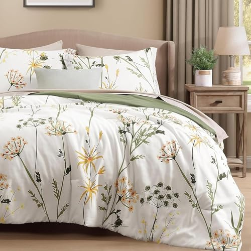 CASAAGUSTO Set di biancheria da letto Queen Comforter, 7 pezzi, bianco e verde, con motivo floreale e foglie, design in morbido tessuto seersucker, per tutte le stagioni, in microfibra (228 x 228 cm)