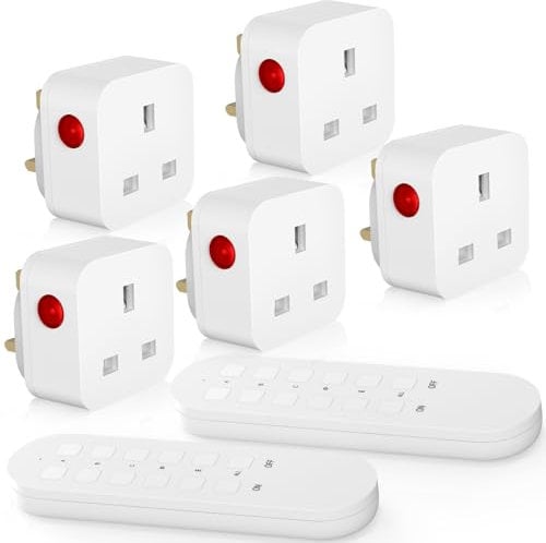 Remote Control Plug Socket, SURNICE 13A/3120W Wireless plug Switch, 50m/160ft Operating Range for Household Appliances, 5 Pack Sockets and 2 Remote, Batteries Included