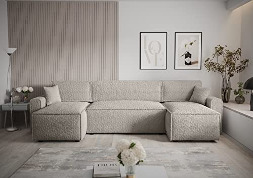 3E 3xE living.com Ecksofa Alvito U BIS, Farbe: Elfenbein. Material: Bouclé. A: B: 330 cm, H: 85 cm, Otomana Länge: 140 cm, Eckcouch, Schlafcouch, Sofa Bed, Schlafsofa