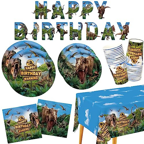 Dinosaur Birthday Party Supplies Disposable Paper Plates Napkins Cups Tablecloth and Banner for Dinosaur Party Decorations , Serve 25