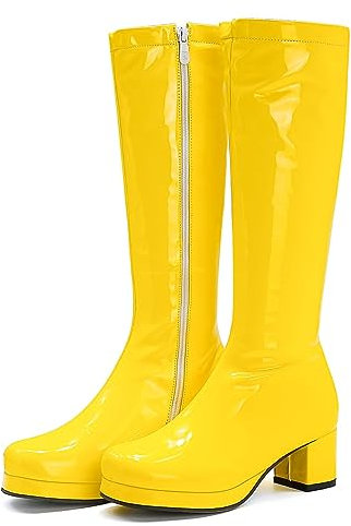 Stivali Alti Color Caramella Lucidi Donna,Stivali Cavallerizzo Zip Laterale per sfilate di Moda Casual,Stivali al Ginocchio Tacco Pelle Verniciata Sexy,Giallo,40 EU
