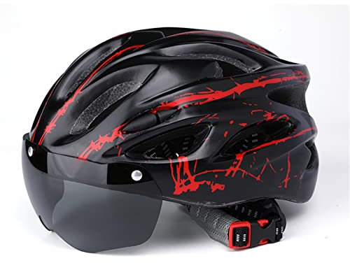 Julyue Casque de Vélo pour Adultes, Casque de Vélo de Cyclisme Ultraléger Réglable avec Lunettes, Casque de Vélo de Route Léger de Montagne, Casques de Vélo VTT pour Homme, 53 à 58 Cm(Noir Rouge)
