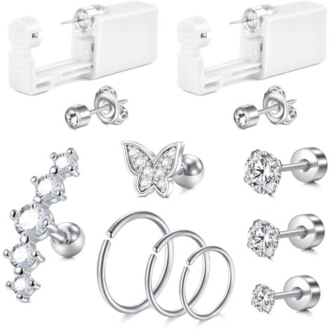 AVYRING Professionelles Silber-Knorpel-Ohrlochstechen-Set, 16G CZ-Ohrringstifte 3mm 4mm 5mm und vielseitiges Ohrring-Set mit Schmetterlingsstiften und vielseitigen Creolen 8mm 10mm 12mm