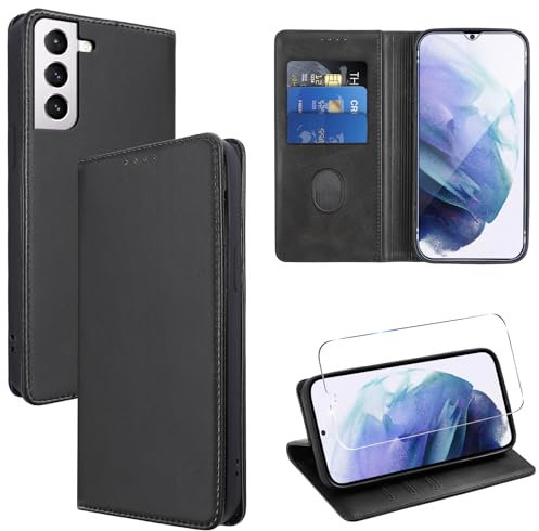 Vauki Coque Cuir pour Samsung Galaxy S21 5G 6.2 avec 1 Verre Trempé Etui à Rabat en PU Porte-Cartes Portefeuille Support Flip Housse Magnétique Antichoc Anti-Rayures Case,Noir