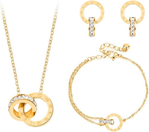 KBRPEY Jewellery Set for Women Necklace Bracelet and Earrings Set Double Circle Pendant Cubic Zirconia Round Interlocking Pendant Jewellery gifts for Her Wife Rose Gold