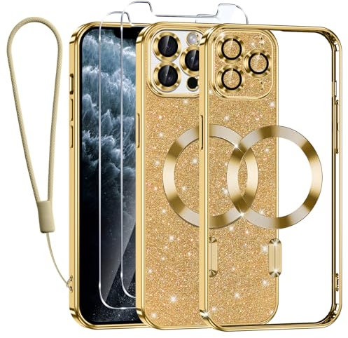 Kokio Handykette für iPhone 11 Pro Max Hülle mit Band, [Kompatibel mit MagSafe] Glitzer Magnetisch Handyhülle für iPhone 11 Pro Max mit 2 Stück Schutzfolie Stoßfeste Silikon Schutzhülle, Gold