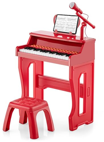 COSTWAY Set Pianoforte Elettrica 37 Tasti, con Microfono Regolabile (Rosso) | Tastiera Digitale con Supporto Rimovibile, Funzioni di Record e Playback, Pianoforte Giocattolo per Bambini 3+Anni