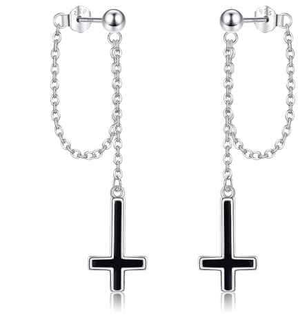 Umgedrehte Kreuz Ohrringe 925er Sterlingsilber Schwarz Umgekehrtes Kreuz Ketten Einfädler Ohrring Gothic Punk Schmuck Geschenk für Frauen
