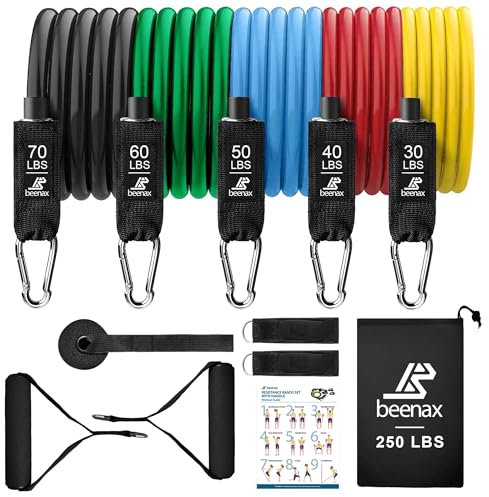Beenax Resistance Bands Set with Handles - Heavy Duty 12pcs Exercise Bands, Up to 100/150/200/250 LBS - Fitness Training Tubes for Home, Gym, Physio - Handles, Ankle Straps, Door Anchor, Carry Bag