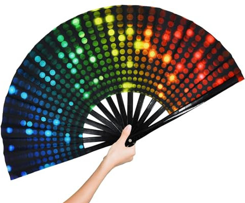 STHUAHE Large Folding Hand Fan for Women Men, Rave Big Foldable Bamboo Renaissance Handheld Fan Folding Fan for Festival, EDM, Dancing, Hot Flashes, Gift, Performance (DJ Lighting)