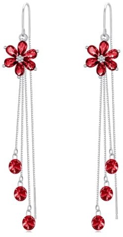 VONALA Rote Blume Lange Durchzieher Threader Ohrringe Juli Geburtstags 925 Sterling Silber Tropfen Fallen Einfädel Ohrringe für Damen Geburtstag Geschenk