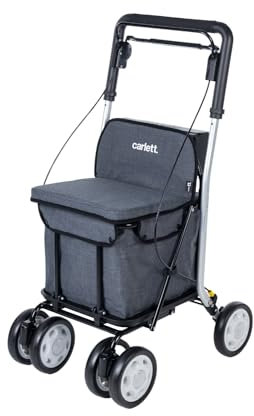Carlett - Supermarkt-Einkaufswagen - Medical Grade Approved - Sitz mit integrierter Rückenlehne - 4 Räder mit 3 Positionen - Kapazität 15 kg - Abnehmbare Tasche 29L - Farbe Grau
