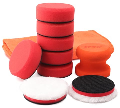 3 Inch Polishing Pad, SPTA 8Pcs Car Wax Applicator Pads with Handle and Towel, Hand Foam Pads & Microfiber Pad Kit, Detailing Buffing Pads for Car Polishing Waxing Buffing Glaze