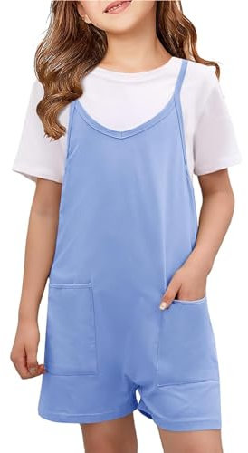 Pagliaccetto Corto Ragazza Salopette da Ragazza Ampia Estivo Tuta Corta Senza ManicheTuta Intera Jumpsuit con Tasche Spiaggia Vacanza con Solidi Casual a Gamba Larga (Light Blue, 5-6 Years)