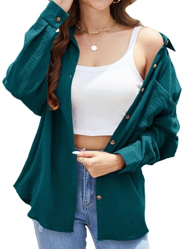 Stamain Musselin Bluse Damen Oversized Lässiges Hemdbluse Damen Blaugrün 3/4 Ärmel Longbluse für Leggings Button Down mit Tasche Freizeit Tunika Hemd Bluse für Frauen M