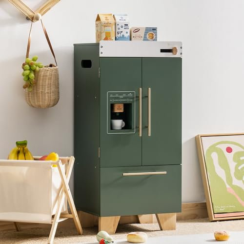 ROBOTIME Wooden Toy Fridge - Kids Age 3+ Play Kitchen Set with Ice Dispenser & Accessories, Pretend Refrigerator for Boys & Girls Aged 3+, Play Fridge Toddler Kitchen Appliance, Gift Playset(Vintage Green)