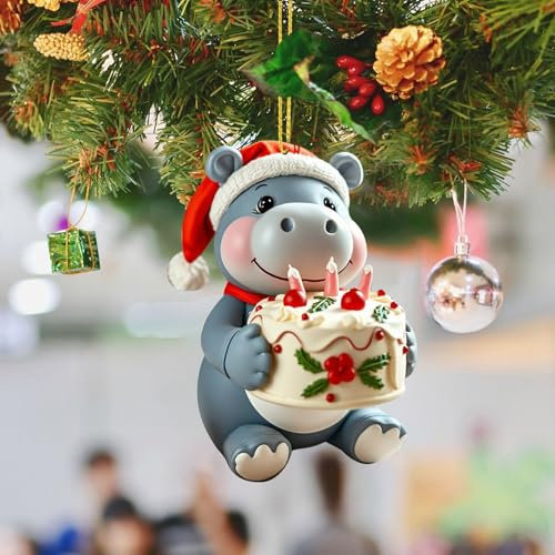 2D Acryl Nilpferd Anhänger für Weihnachten und Geburtstag, Nilpferd hält Kuchen Hängende Ornament Niedliche Weihnachtsanhänger Baumschmuck Weihnachtsdeko Geburtstag Geschenk (E)