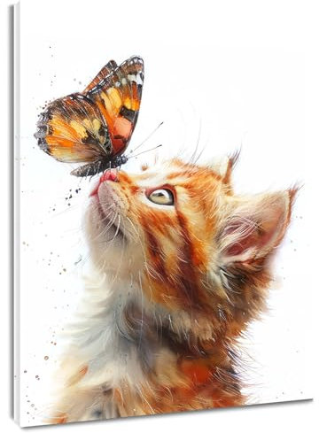 LB Wandbilder Süße Katze Poster Katze mit Schmetterling Wanddruck Ästhetisches Tier Leinwand Bilder für Wohnzimmer Schlafzimmer Badezimmer Wand Deko,40x60cm Ungerahmt