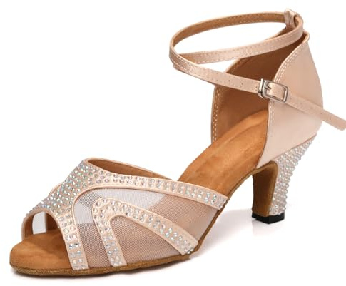 ZYXWVU Scarpe da Ballo Latino Donna Strass Sala Tango Bachata Matrimoni Feste,D53-beige-6cm Heel,37 EU