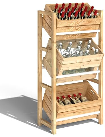 Outsunny Getränkekistenregal für 3 Getränkekisten Getränkeregal Holz Kistenregal mit 3 Ebenen freistehend Getränkekistenhalter belast 150kg Kistenständer für Bier, Wasser 56 x 32 x 112 cm Naturholz