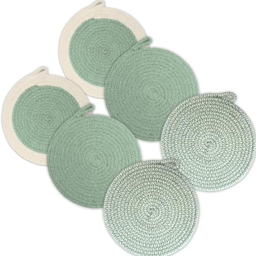 Encasa XO Salvamanteles Redondos, Ollas Calientes 7 Combo de Salvia | Resistente al Calor | Algodón Grueso con Lazo para Colgar | Para Sartenes y Platos | Juego de 6